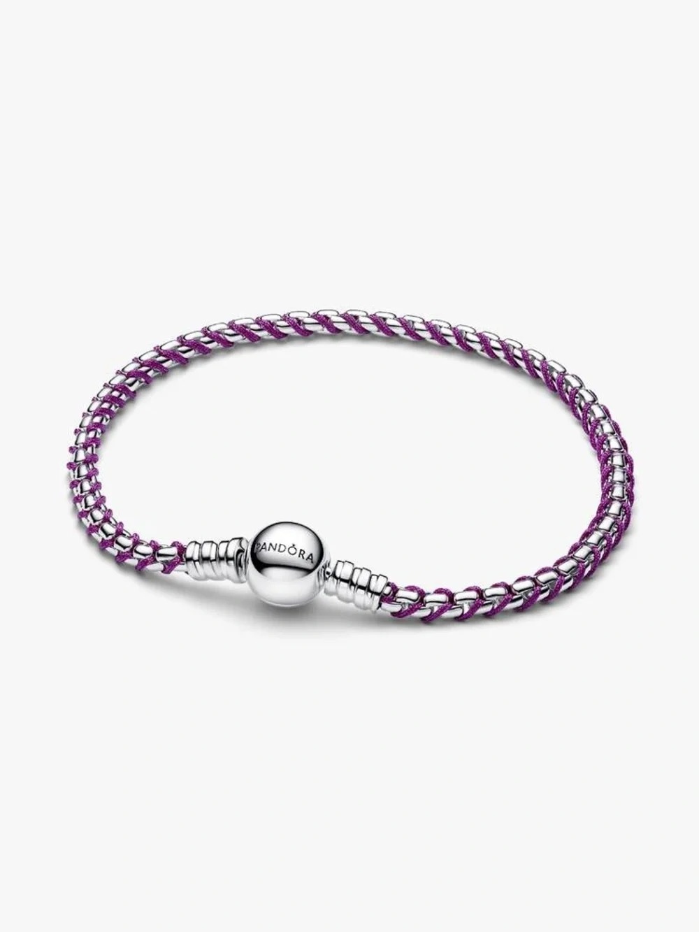 Pandora Purple Braided Leather with Sterling Silver Snake Chain Bracelet